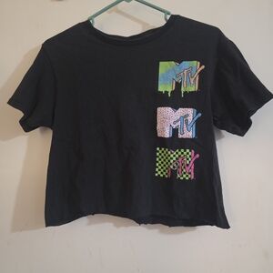 MTV Black Cropped Tee with Neon Green Pink and Blue Logos